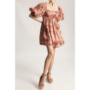 BEULAH cassia floral dresses Pink Lace Scallop Floral Puff Sleeve Mini Dress S